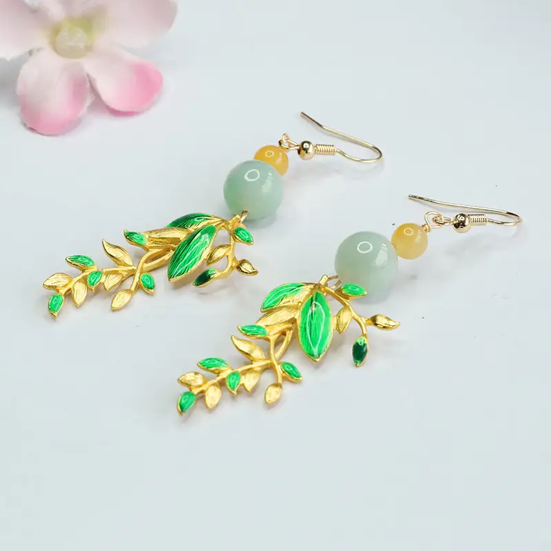 Jade Earrings with Green Enamel Leaf Design — feature 5