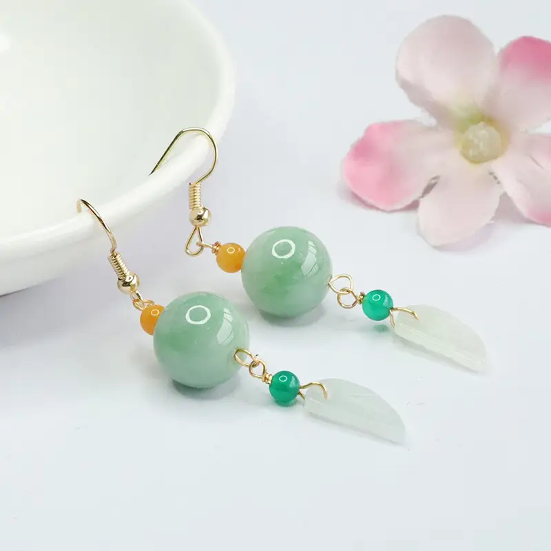 Natural Jade Leaf Earrings Green Hook Dangle - Image 3