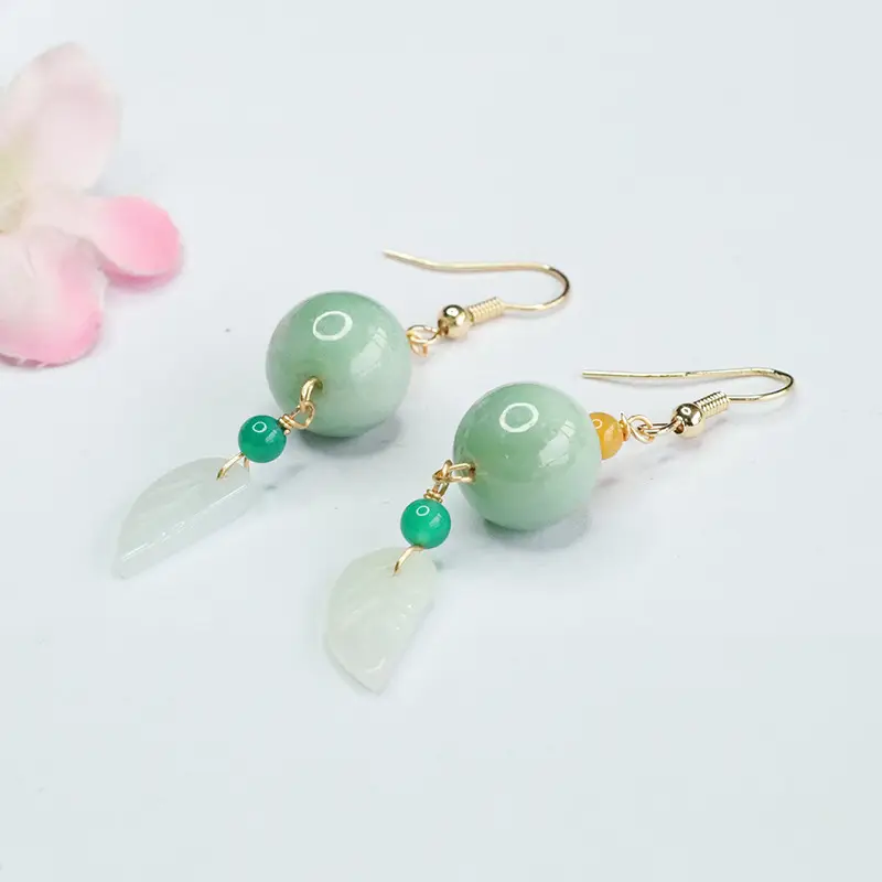 Natural Jade Leaf Earrings Green Hook Dangle - Image 4