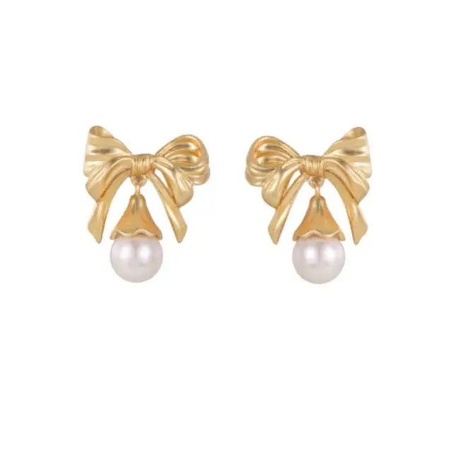 Golden Bow Pearl Earrings Vintage Elegant - Image 5