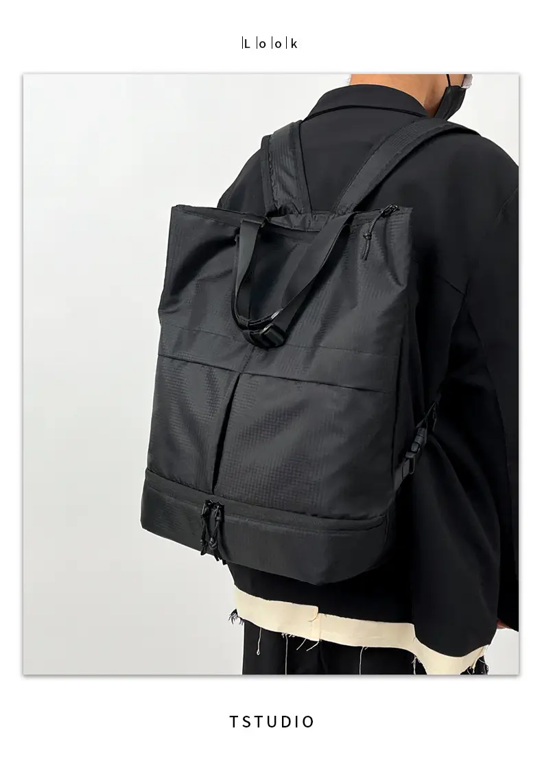 Men Women Black Nylon Tote Backpack Shoulder Tote Waterproof — feature 1