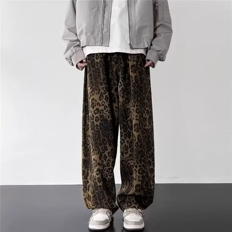 Men Leopard Print Loose Straight Pants American Pu High Street - Image 3