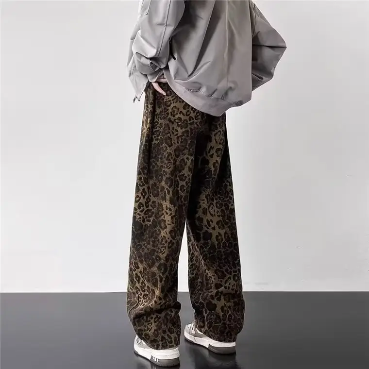 Men Leopard Print Loose Straight Pants American Pu High Street - Image 4