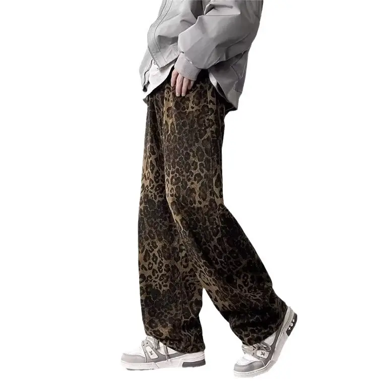 Men Leopard Print Loose Straight Pants American Pu High Street - Image 5