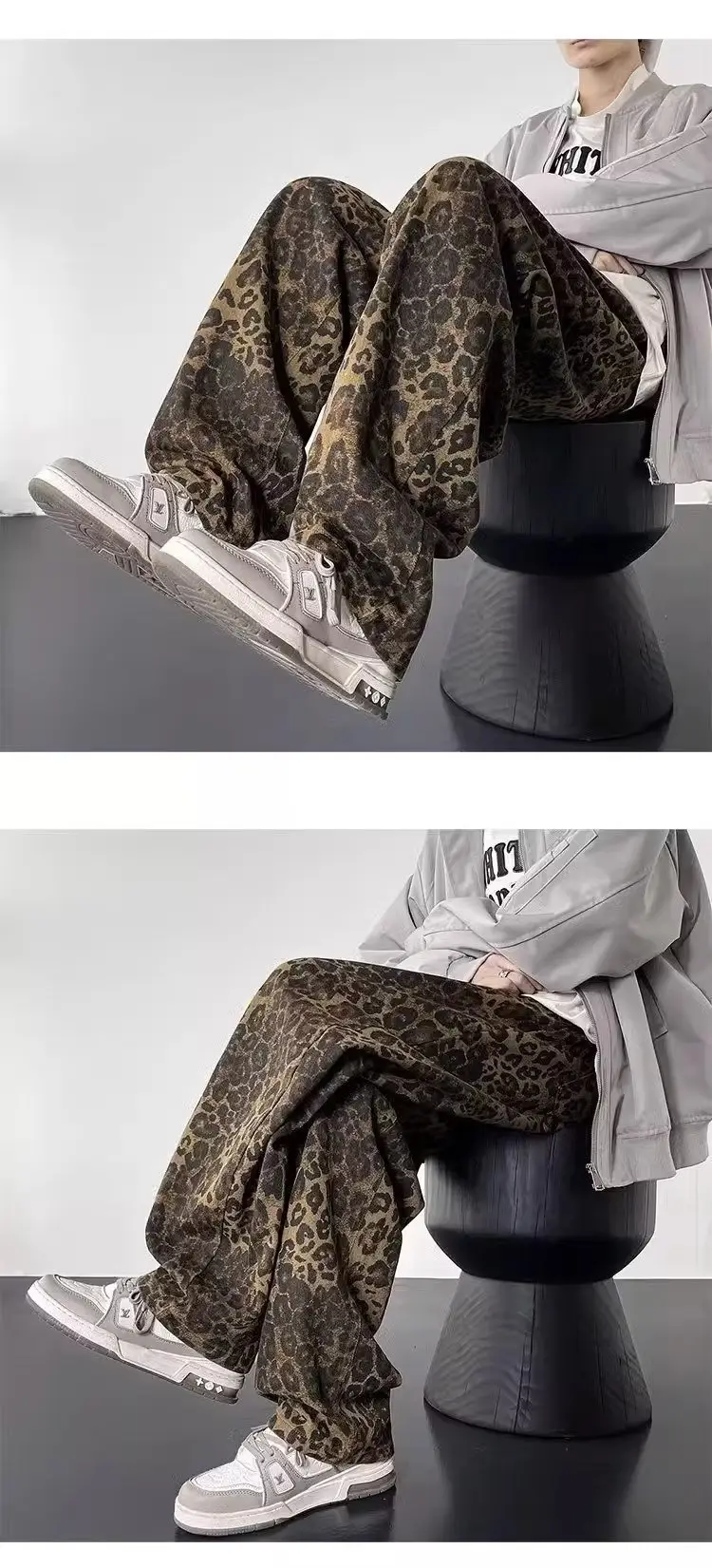 Men Leopard Print Loose Straight Pants American Pu High Street — feature 12