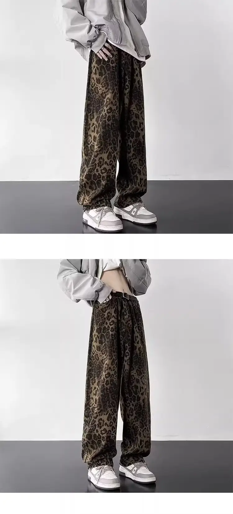 Men Leopard Print Loose Straight Pants American Pu High Street — feature 2
