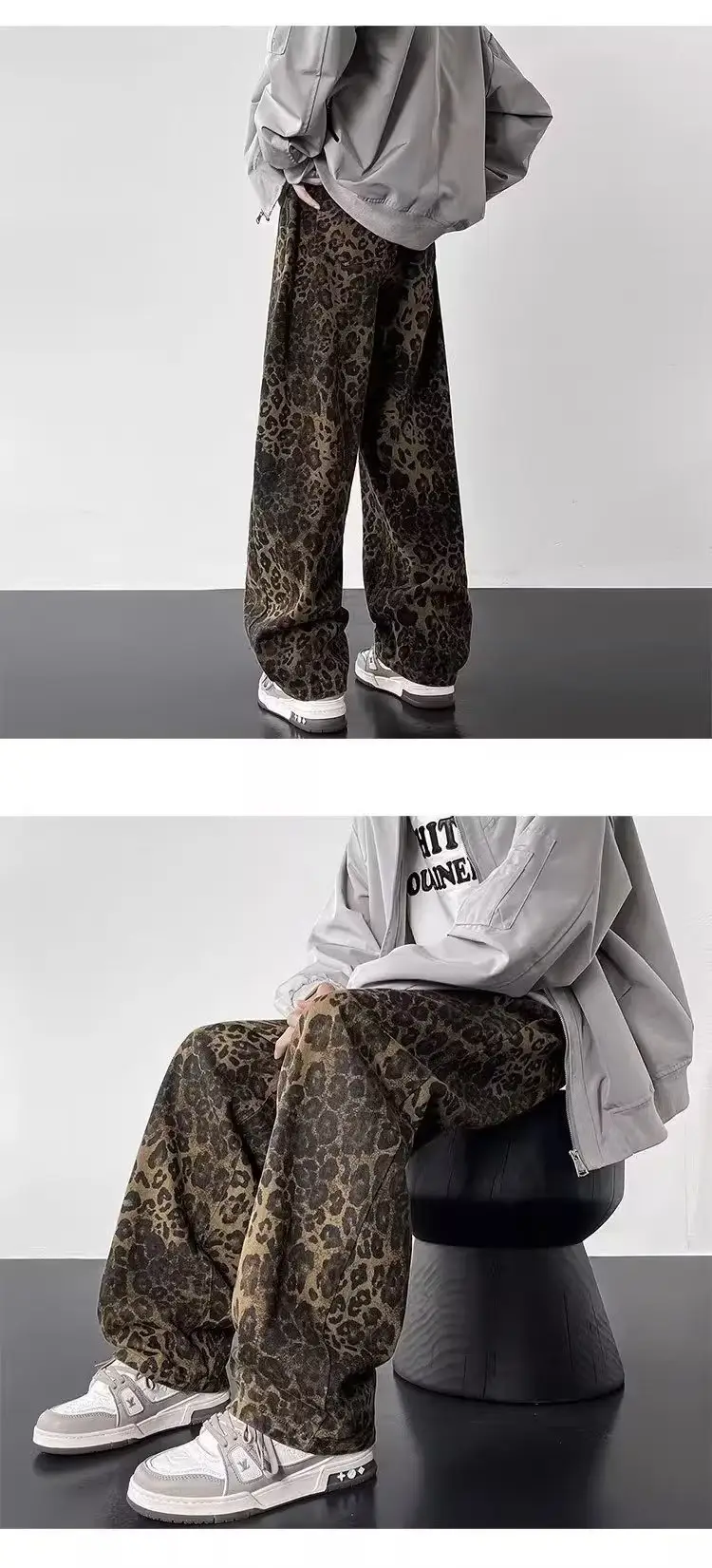 Men Leopard Print Loose Straight Pants American Pu High Street — feature 4