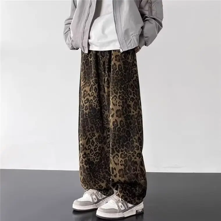 Men Leopard Print Loose Straight Pants American Pu High Street — feature 6