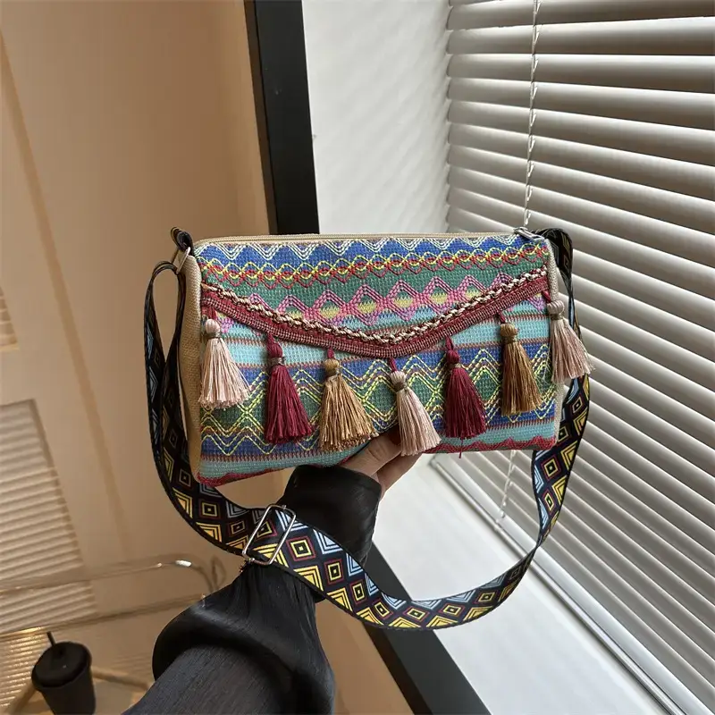 2023 Ethnic Tassel Shoulder Tote Bag with Tassels - Image 4