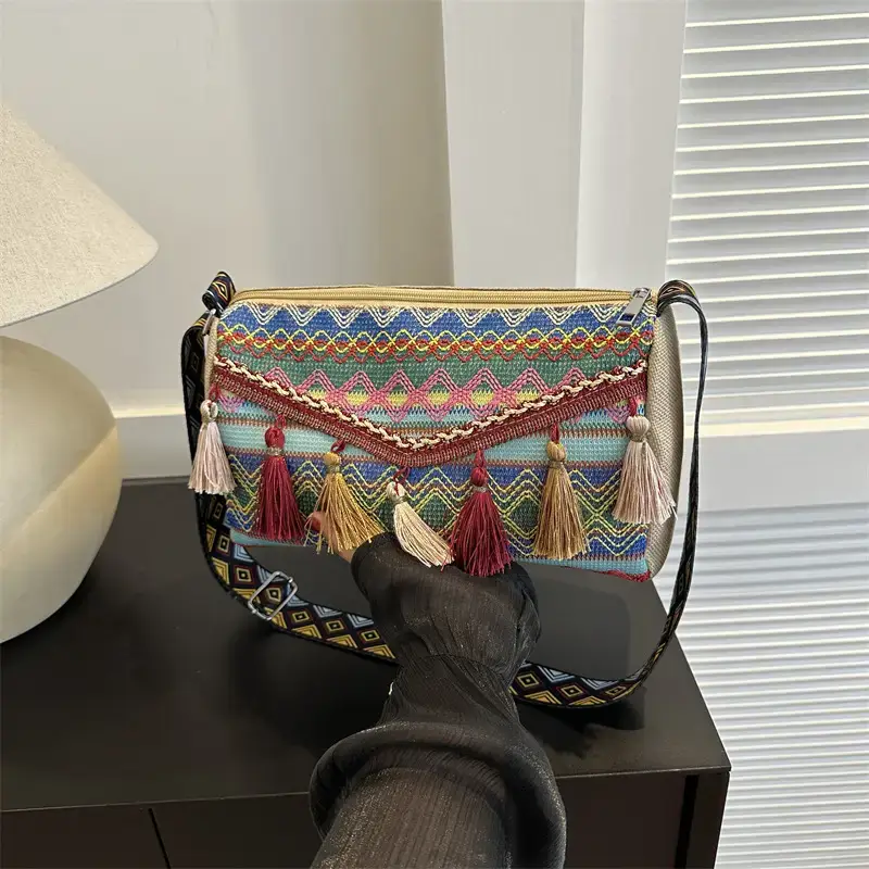 2023 Ethnic Tassel Shoulder Tote Bag with Tassels - Image 5