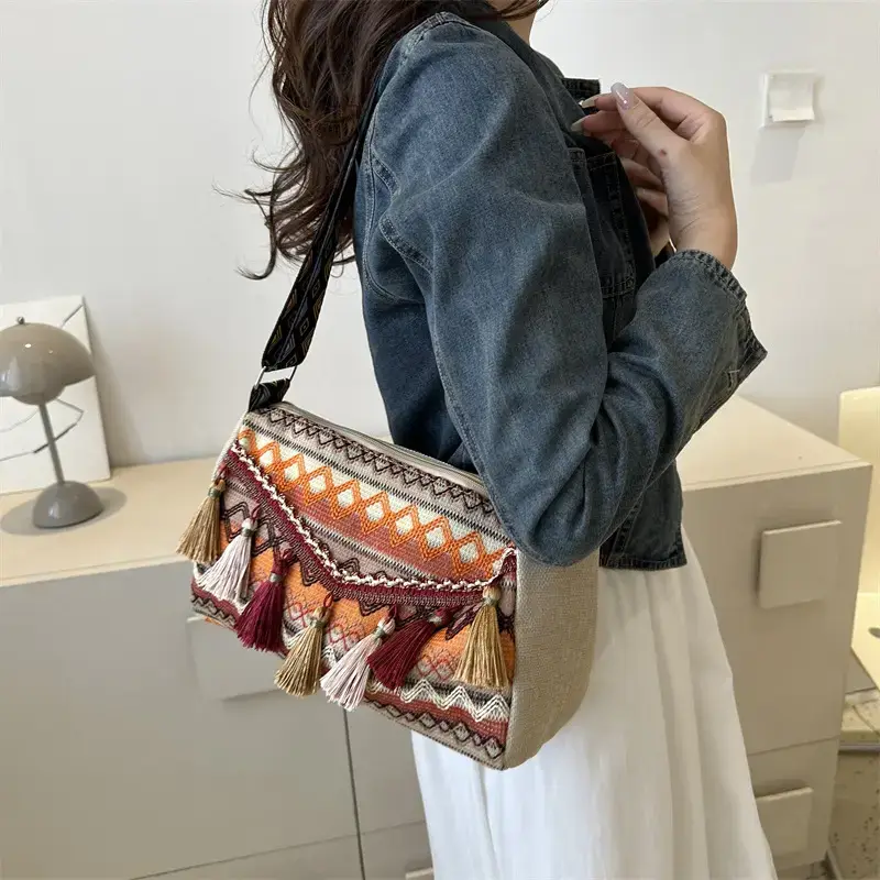 2023 Ethnic Tassel Shoulder Tote Bag with Tassels - Image 7