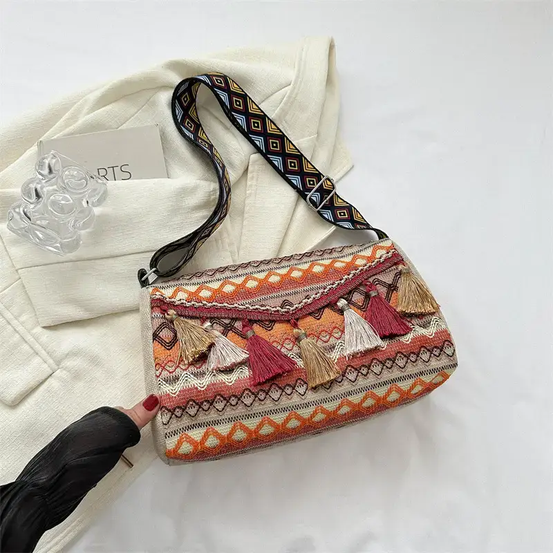 2023 Ethnic Tassel Shoulder Tote Bag with Tassels - Image 2