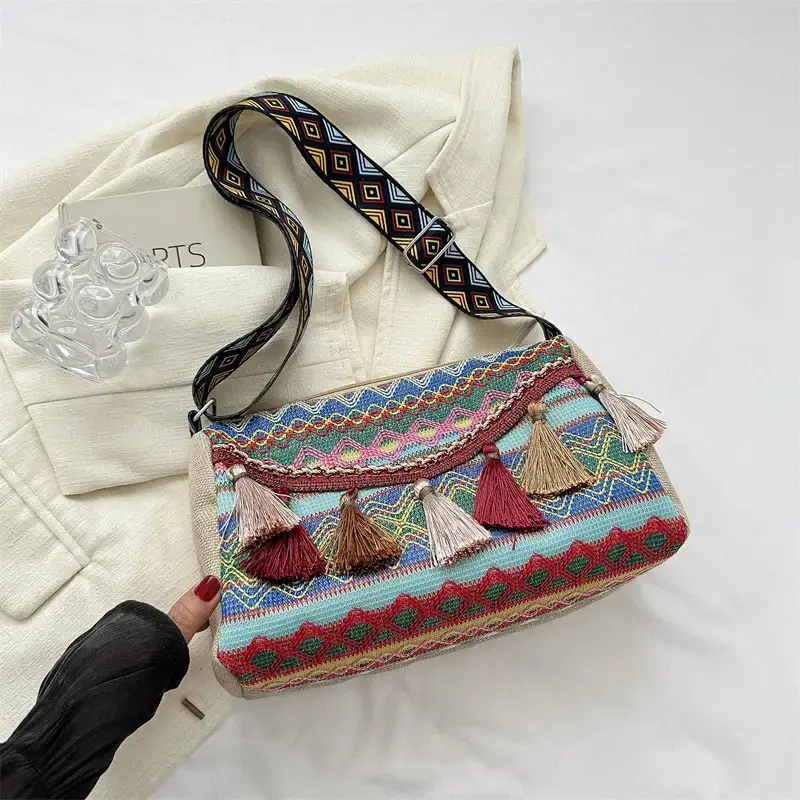 2023 Ethnic Tassel Shoulder Tote Bag with Tassels - Image 3