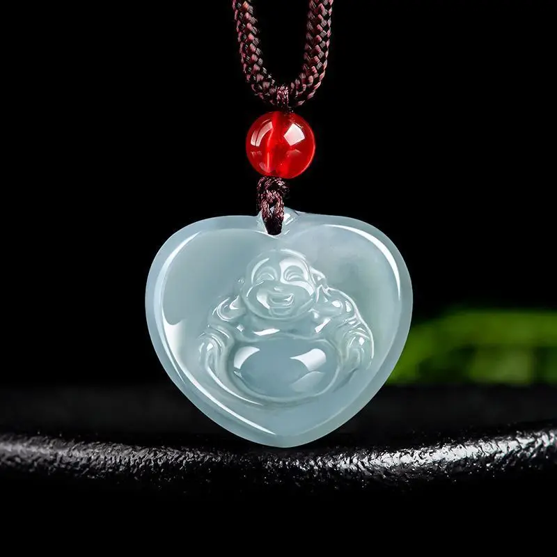 Natural Jade Buddha Heart Pendant Blue Water Glitter - Image 2