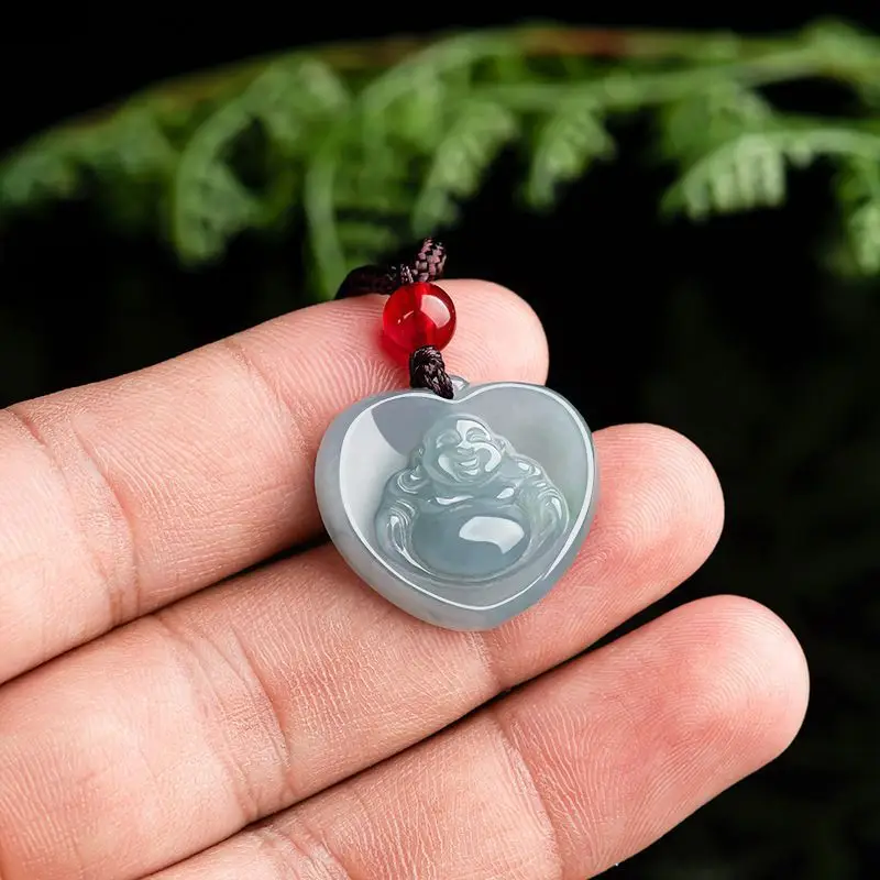 Natural Jade Buddha Heart Pendant Blue Water Glitter - Image 3