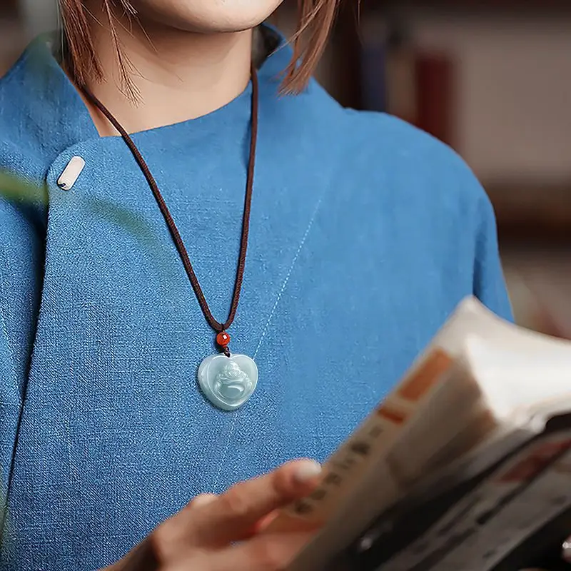 Natural Jade Buddha Heart Pendant Blue Water Glitter - Image 4