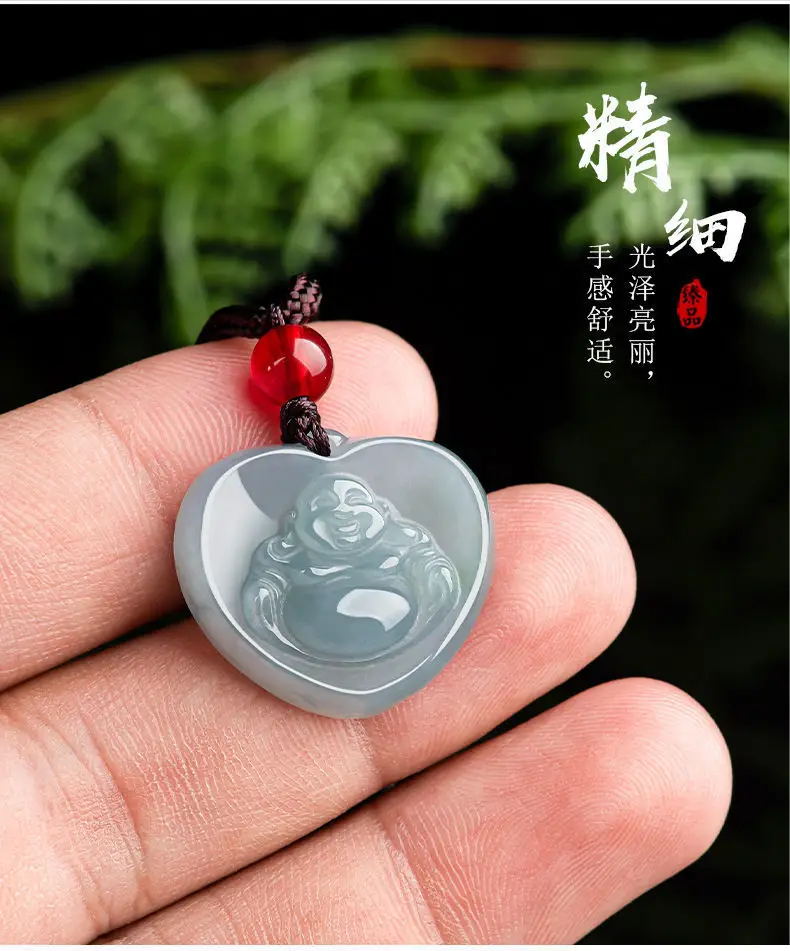 Natural Jade Buddha Heart Pendant Blue Water Glitter — feature 8