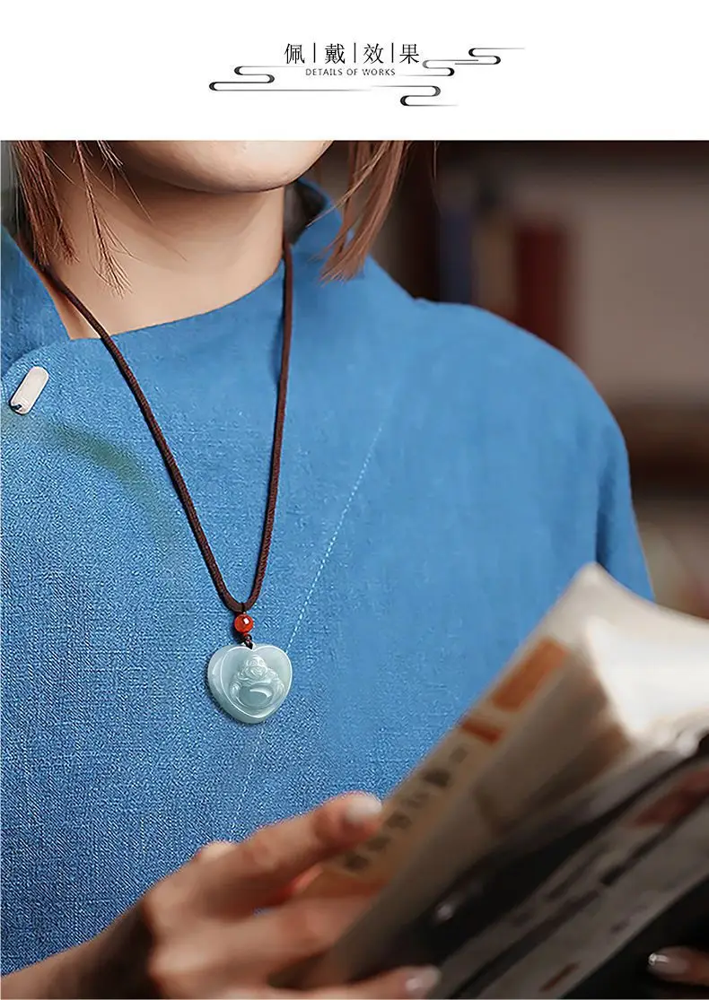 Natural Jade Buddha Heart Pendant Blue Water Glitter — feature 9