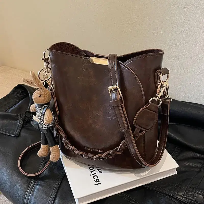 Black Bucket Bag for Women Retro Shoulder Messenger - Image 7