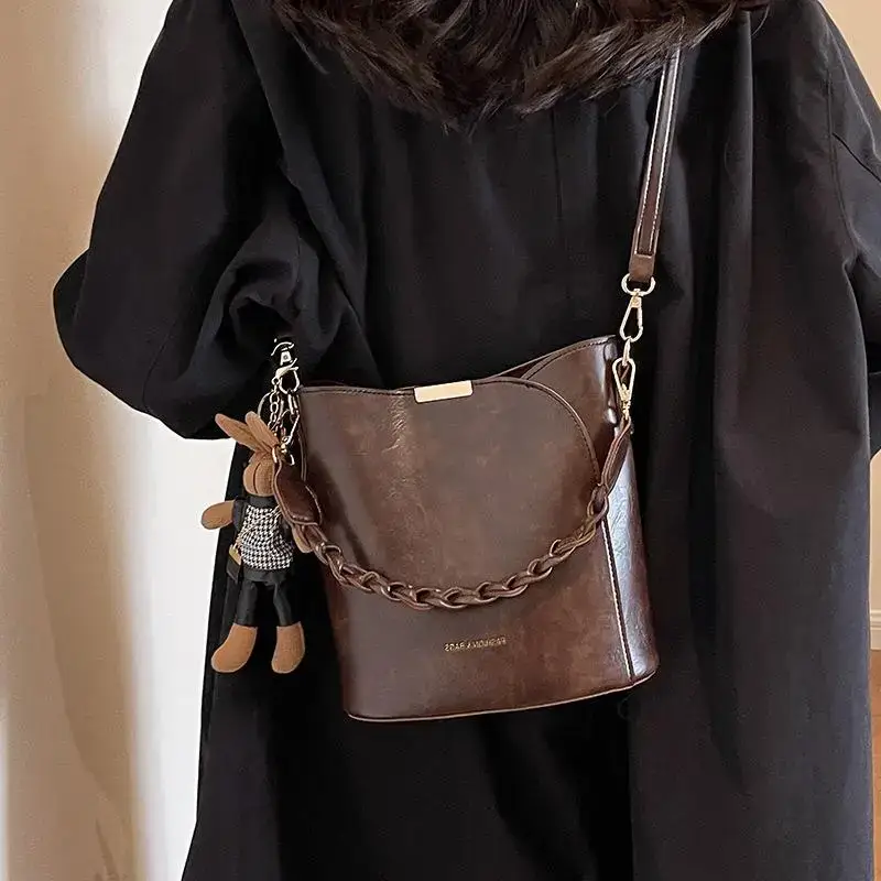Black Bucket Bag for Women Retro Shoulder Messenger - Image 8