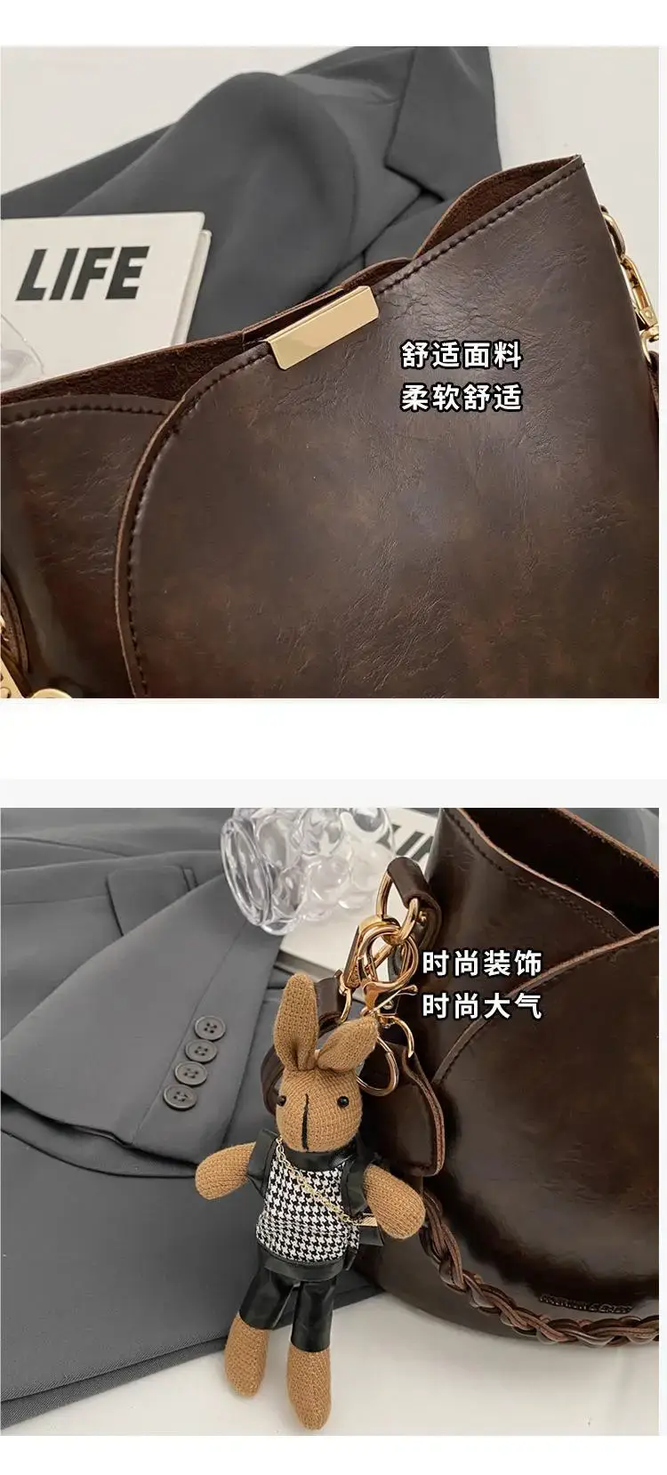 Black Bucket Bag for Women Retro Shoulder Messenger — feature 3