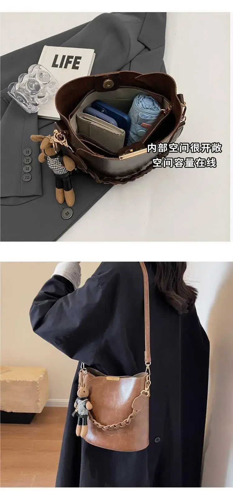 Black Bucket Bag for Women Retro Shoulder Messenger — feature 4