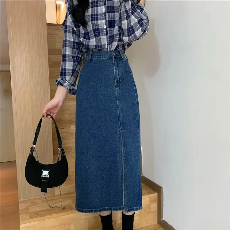 Women Retro Denim Skirt High Waist Slit Mid Length A-Line