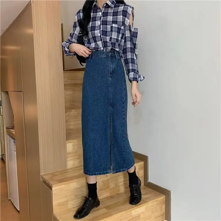 Women Retro Denim Skirt High Waist Slit Mid Length A-Line