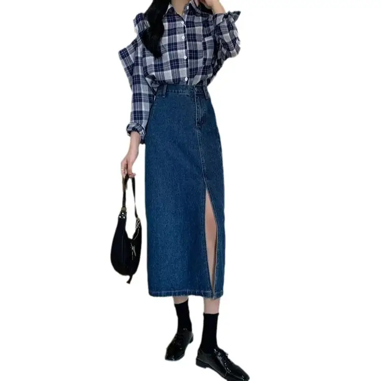 Women Retro Denim Skirt High Waist Slit Mid Length A-Line