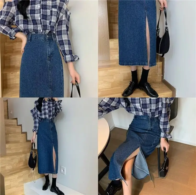 Women Retro Denim Skirt High Waist Slit Mid Length A-Line — feature 17