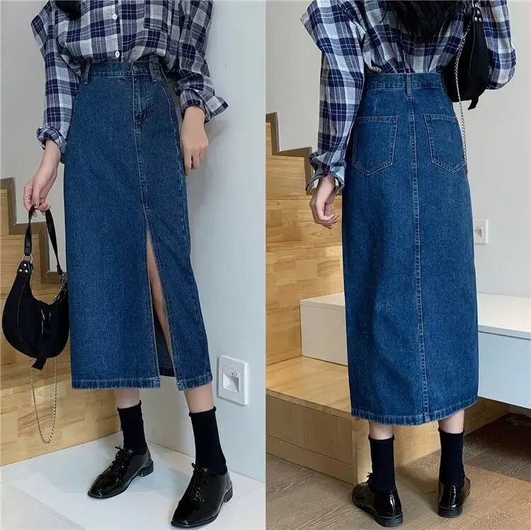 Women Retro Denim Skirt High Waist Slit Mid Length A-Line — feature 19