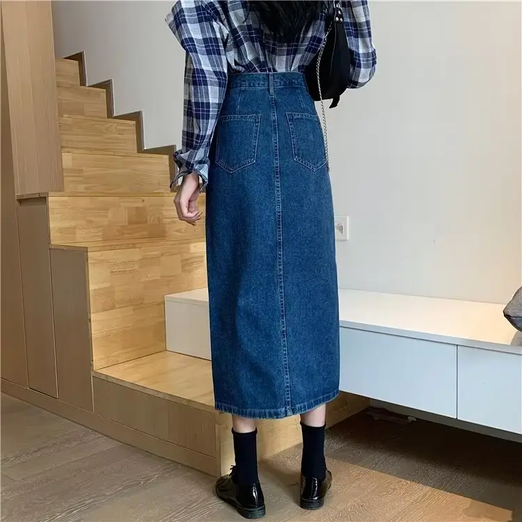Women Retro Denim Skirt High Waist Slit Mid Length A-Line — feature 20