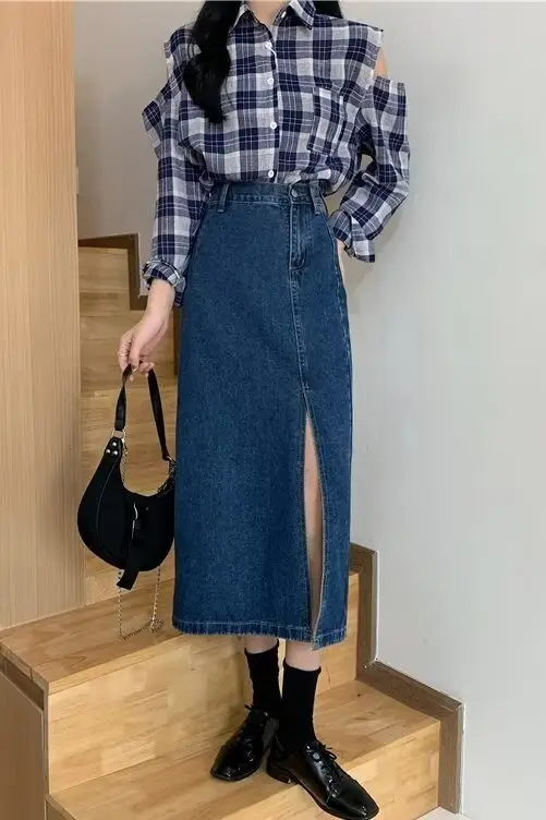 Women Retro Denim Skirt High Waist Slit Mid Length A-Line — feature 21