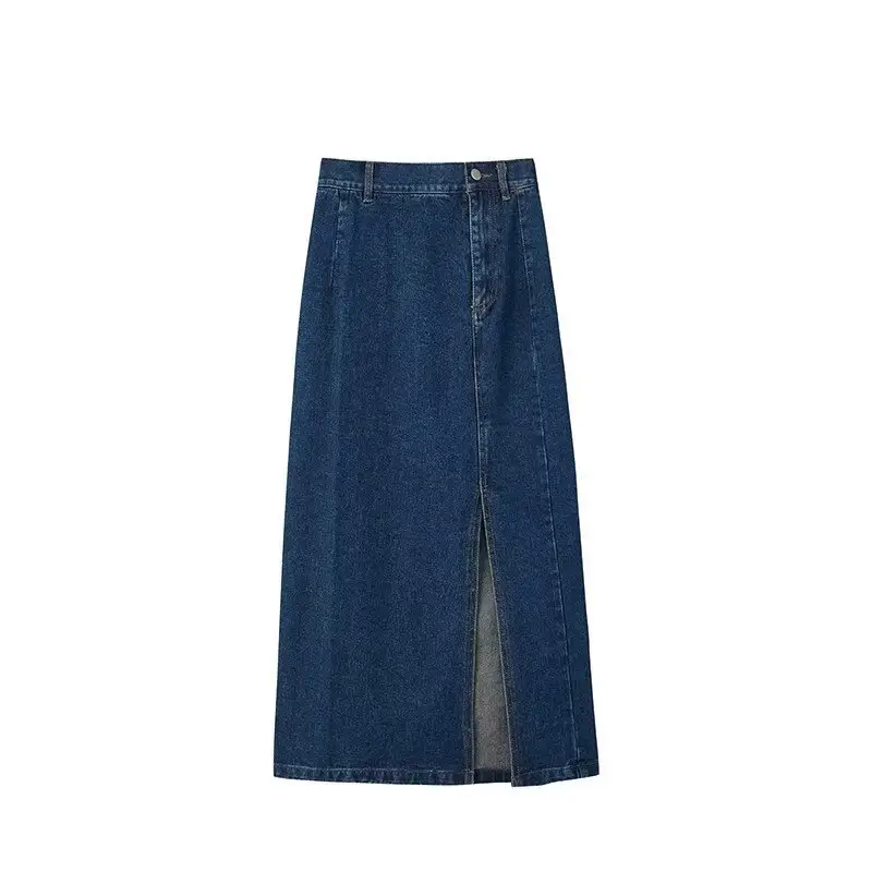Women Retro Denim Skirt High Waist Slit Mid Length A-Line — feature 22