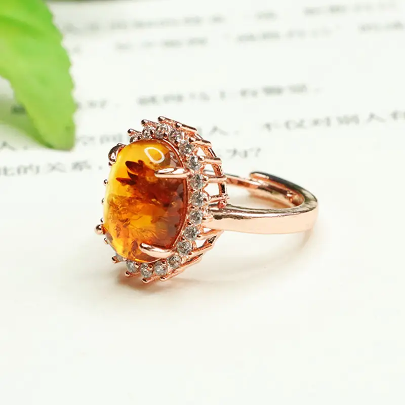 Aiyu Natural Amber Sunflower Ring Rose Gold - Image 4