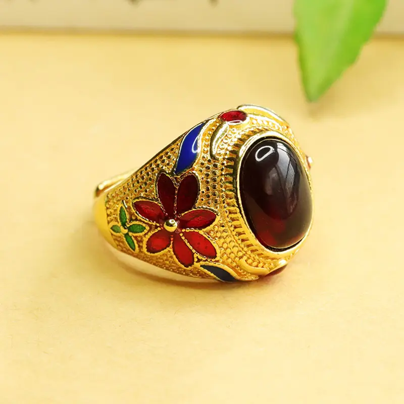 Ethnic Amber Ring with Red Floral Design - Image 2