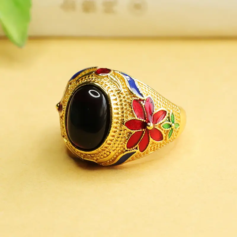 Ethnic Amber Ring with Red Floral Design - Image 3