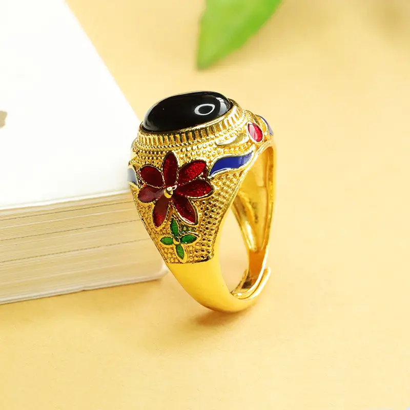 Ethnic Amber Ring with Red Floral Design - Image 4