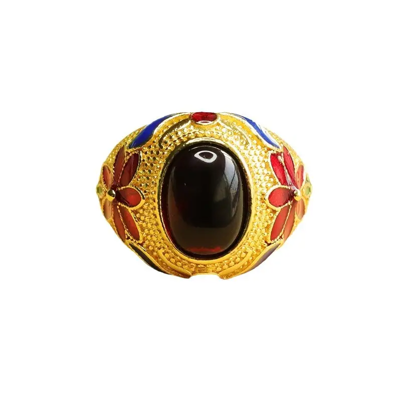 Ethnic Amber Ring with Red Floral Design - Image 5