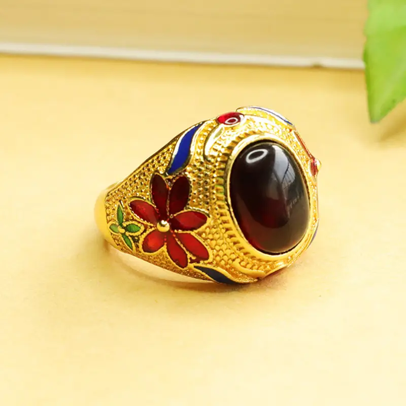 Ethnic Amber Ring with Red Floral Design — feature 7