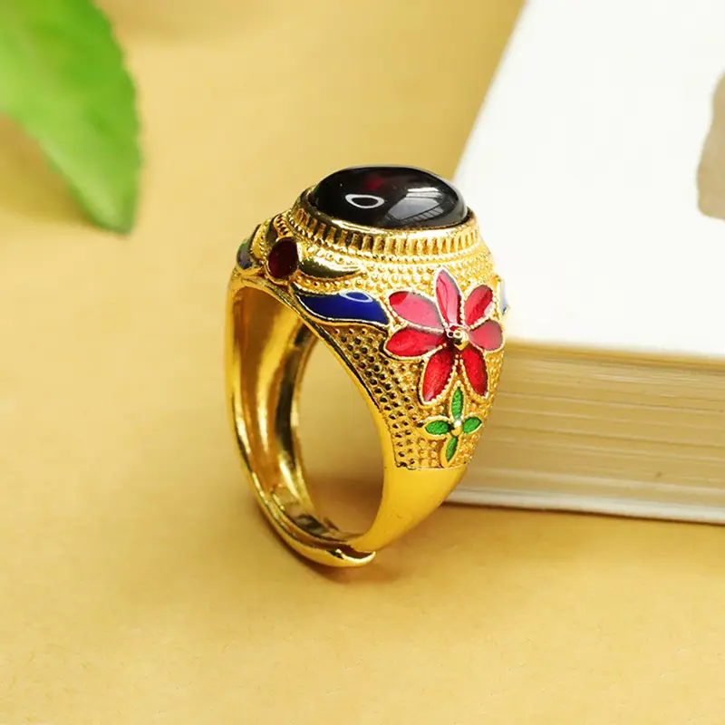 Ethnic Amber Ring with Red Floral Design — feature 9