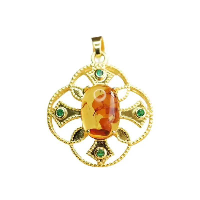 Aiyu Natural Amber Pendant Necklace Ethnic Gold