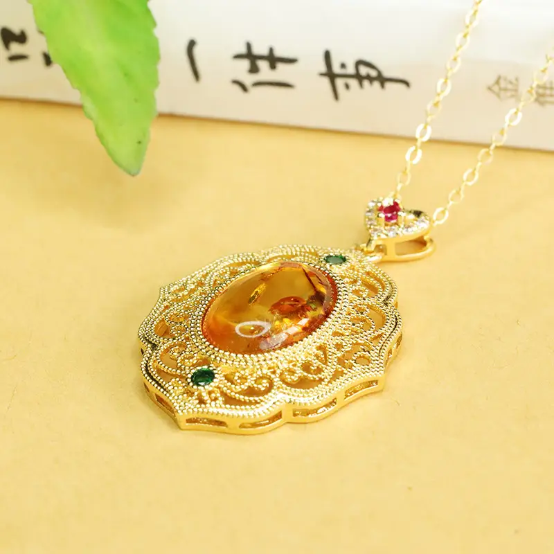Vintage Gold Amber Pendant Necklace for Women - Image 5