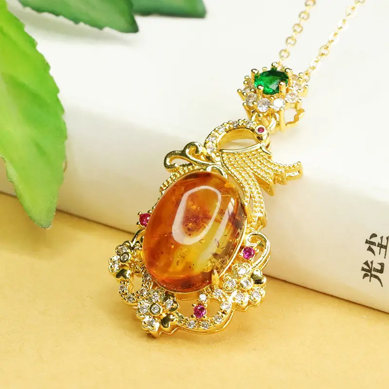 Aiyu Natural Amber Pendant Necklace Phoenix Design Gold Plated - Image 3