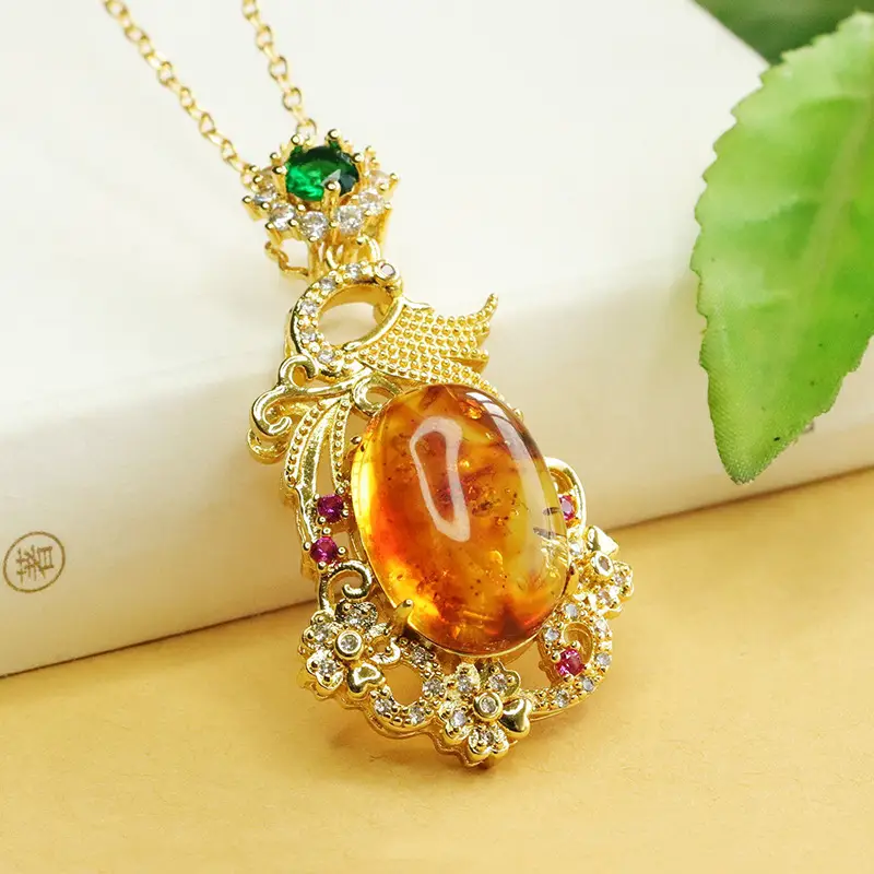 Aiyu Natural Amber Pendant Necklace Phoenix Design Gold Plated - Image 4