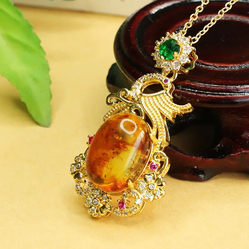 Aiyu Natural Amber Pendant Necklace Phoenix Design Gold Plated - Image 5