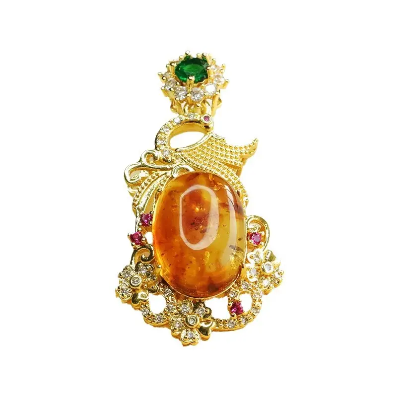 Aiyu Natural Amber Pendant Necklace Phoenix Design Gold Plated - Image 6