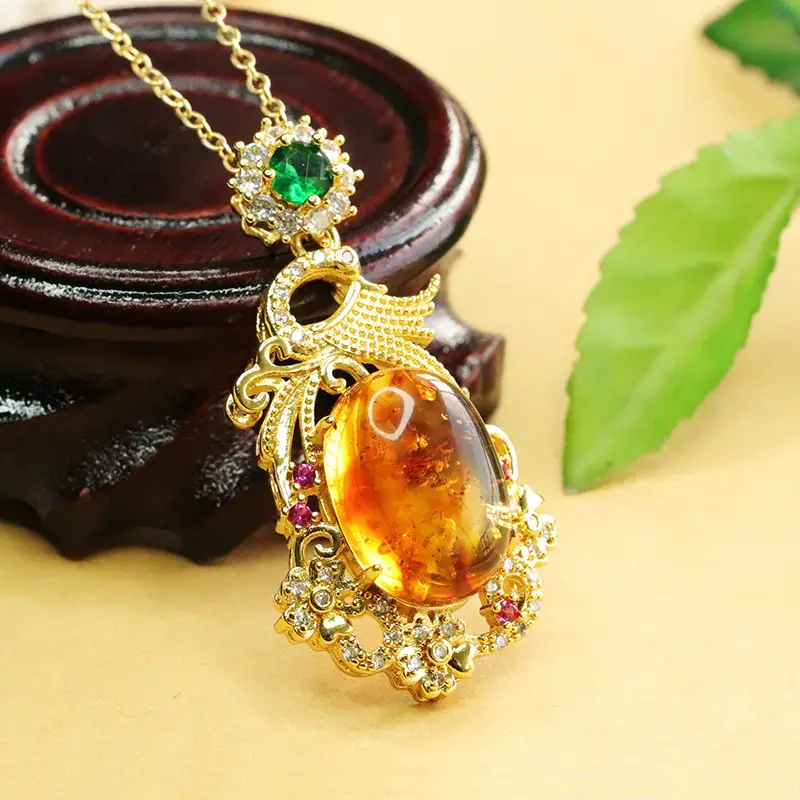 Aiyu Natural Amber Pendant Necklace Phoenix Design Gold Plated — feature 10