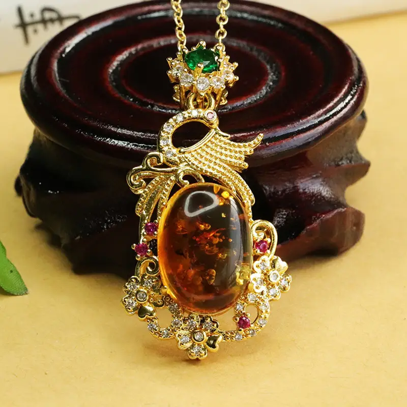 Aiyu Natural Amber Pendant Necklace Phoenix Design Gold Plated — feature 7