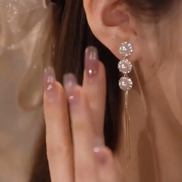 Silver Needle Pearl Earrings Long Tassel Design - Image 3